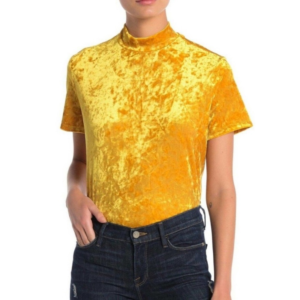 14th & Union Velvet Back Bow Mock Neck Top Yellow - Picture 3 of 8